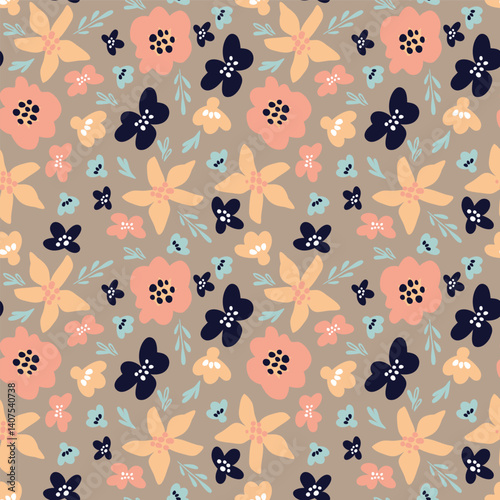 Seamless pattern with delicate abstract flowers on a brown background. Flat vector illustration