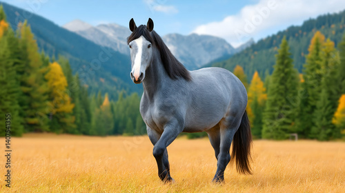 Majestic blue roan horse standing in an autumnal meadow, mountains in the background