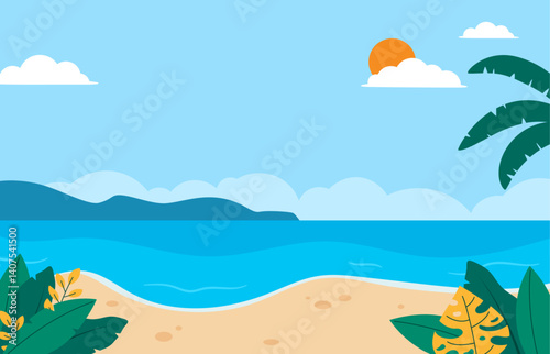 Flat summer beach background illustration