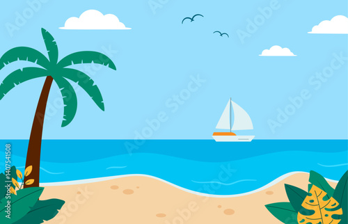 Flat summer beach background illustration