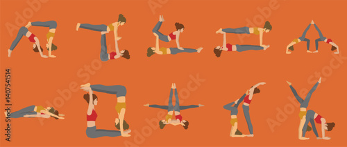Flat vector illustration of two women doing partner yoga poses in acro yoga style on an orange background. Minimal and colorful design for wellness and fitness themes