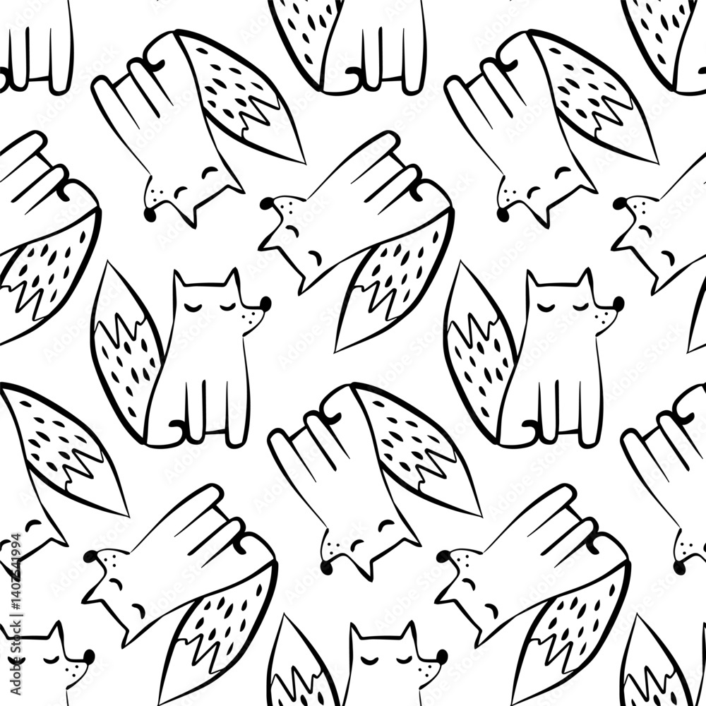 Fototapeta premium Seamless black and white cartoon fox pattern with cute sitting and sleeping foxes, playful minimal line art design perfect for kids fabrics, coloring pages, wallpapers, and surface prints