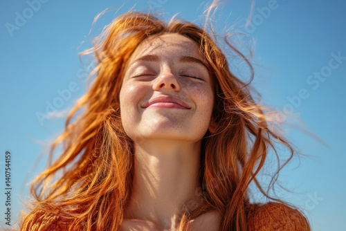 A young woman with red hair smiles warmly against a clear blue sky on a sunny day outside