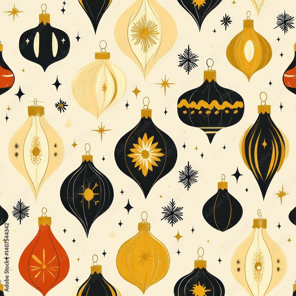 Seamless Pattern of Retro Mid-Century Modern Christmas Ornaments Holiday Wall Art Print Vintage Festive Design Seamless Pattern of Retro Mid-Century Modern Christmas Ornaments Holiday Wall Art Print Vintage Festive Design