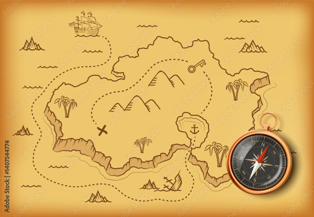 Fototapeta premium Old pirate map of treasure island on an old parchment paper next to the compass. Vector illustration.