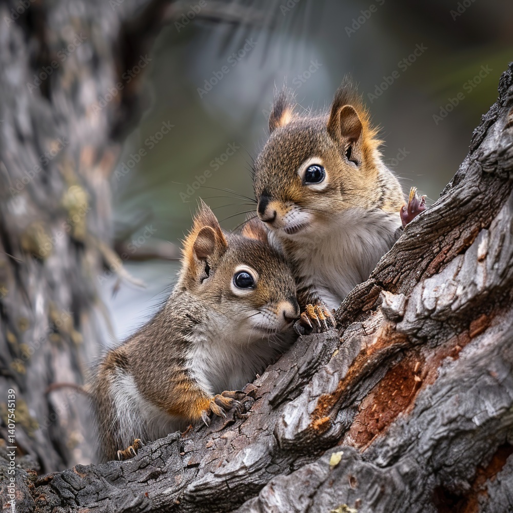 Fototapeta premium Energetic Squirrels Playfully Leaping Between Spring Trees, Celebrating the Season’s Beauty