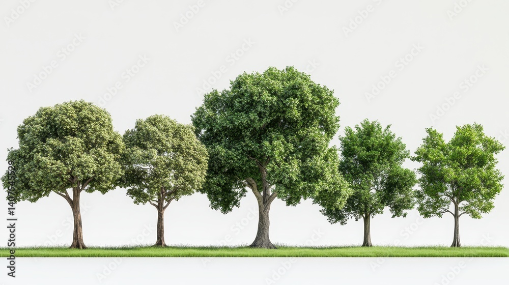 Diverse trees in a row on grass against clear sky background