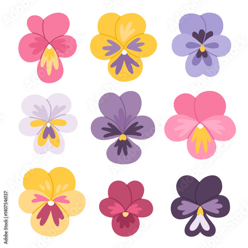 Viola flowers set. Cute cartoon illustrations of violet  flowers in flat style. Vector design elements.