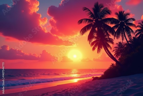 Vibrant sunset behind silhouette of palm trees on a tropical beach, scenery, leisure