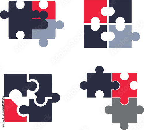 Four puzzle pieces showing different stages of completion, representing teamwork and problem-solving