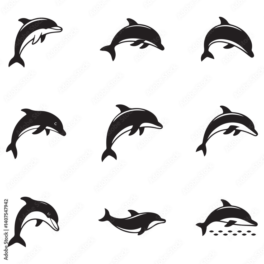 Obraz premium Dolphin fish animal Vector Black silhouettes. Good use for symbol, logo, mascot, web icon, sticker design, sign, or any design you want. Easy to use. with white background