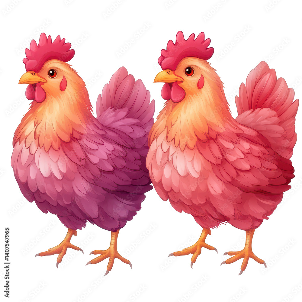 Fototapeta premium Vibrant Duo: Captivating poultry pair stands side-by-side, their colorful plumage and proud presence an exquisite showcase of nature's artistry.