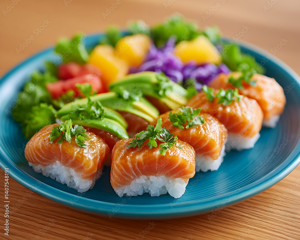 Salmon sushi with avocado and colorful salad on a teal plate Salmon sushi with avocado and colorful salad on a teal plate