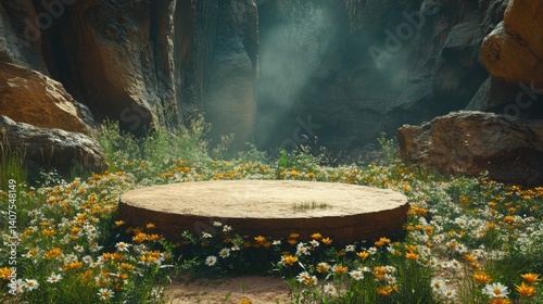 A small, earthen podium, surrounded by wildflowers, in a secluded, sunlit canyon
