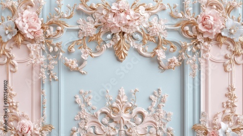 Ornate Floral Ornament with Pastel Colors and Gold Accents on Wall