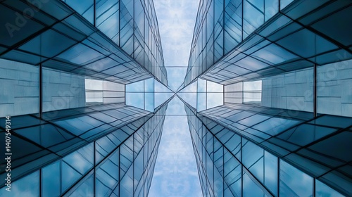 Modern architecture, glass facade, sky reflection