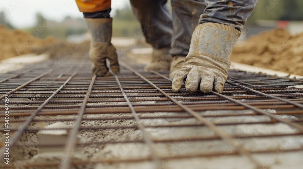 Construction worker laying down rebar for concrete foundation. Featuring precision and strength Construction worker laying down rebar for concrete foundation. Featuring precision and strength