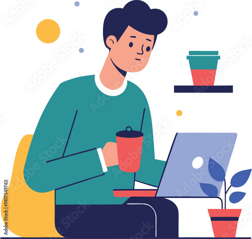 A boy is working on the laptop with a coffee cup vector illustration, a man with a laptop, studying or working concept.