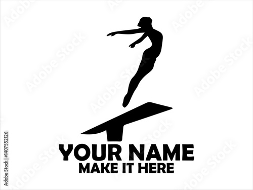 Female diver in mid-air leaps dynamically from a diving board in a stark black silhouette against a light background. Water sport concept and logo vector design