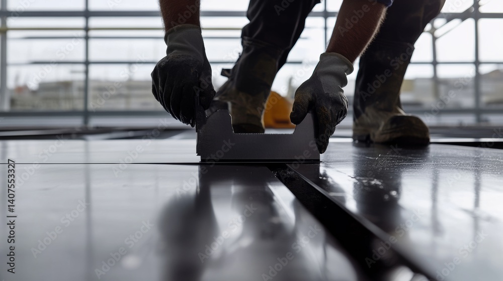 Fototapeta premium Construction worker cutting metal sheets with a shear cutter. Featuring precision and focus
