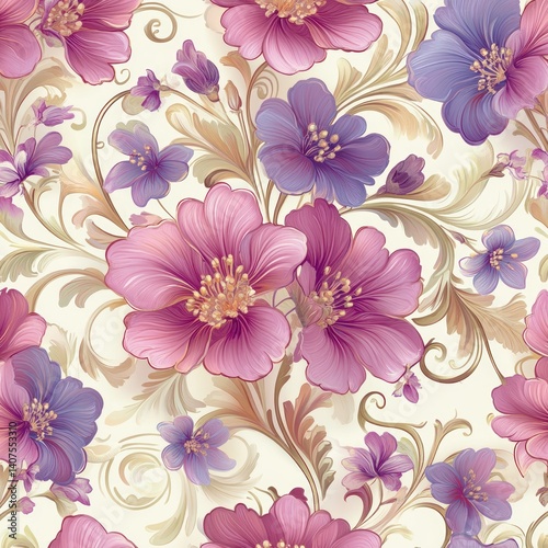 Floral Seamless Pattern Background with Pink and Purple Flowers in Art Nouveau Style