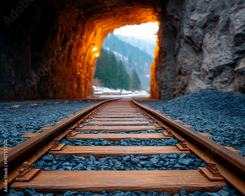 Train tracks exiting a mountain tunnel toward a sunlit valley