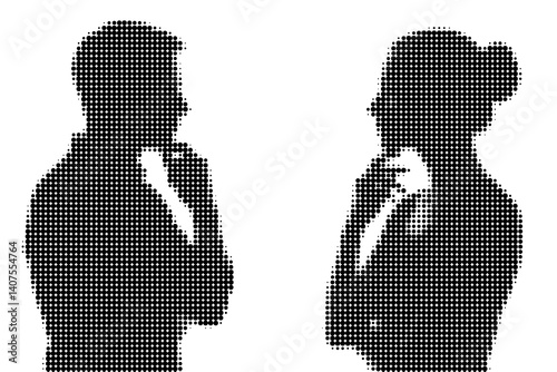 Halftone Dotted Silhouettes of Man and Woman Thinking