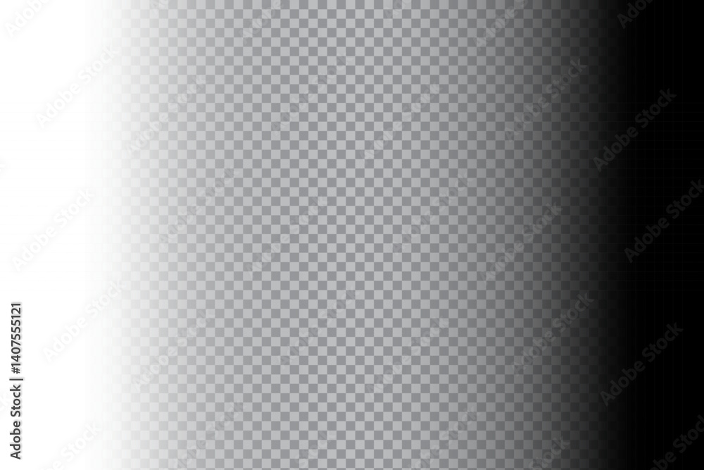 Left light gradient. Right black transparency. Transparent fading background. Vector shading overlay.