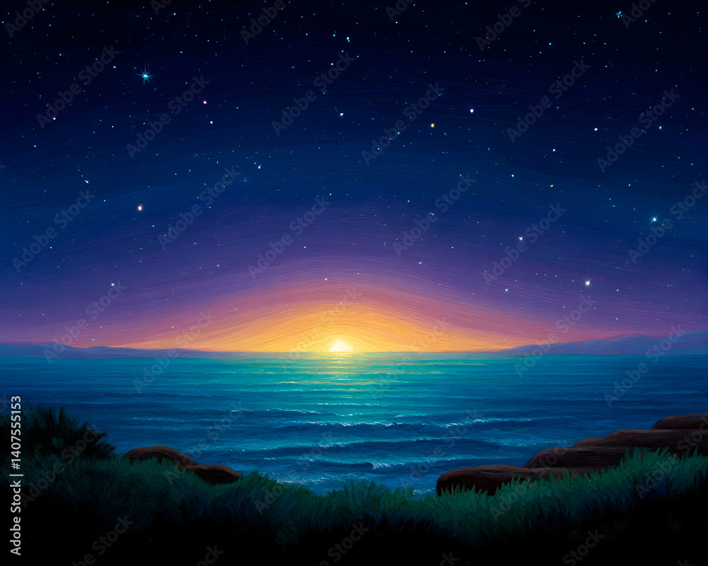 Fototapeta premium Serene ocean sunset with starlit night sky