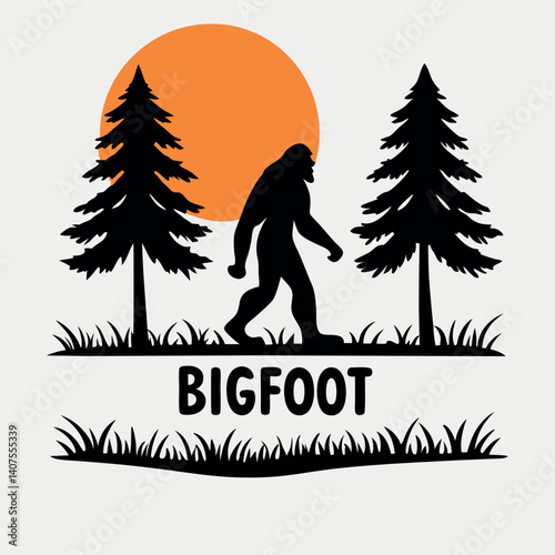 Bigfoot Silhouette Walking Between Pine Trees Orange Circle T-Shirt.