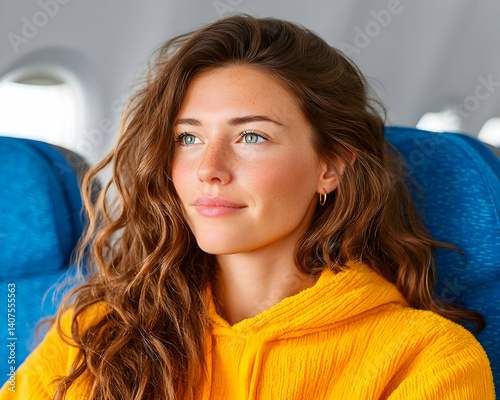 Young woman with long brown hair sits in an airplane seat, looking thoughtfully out the window
