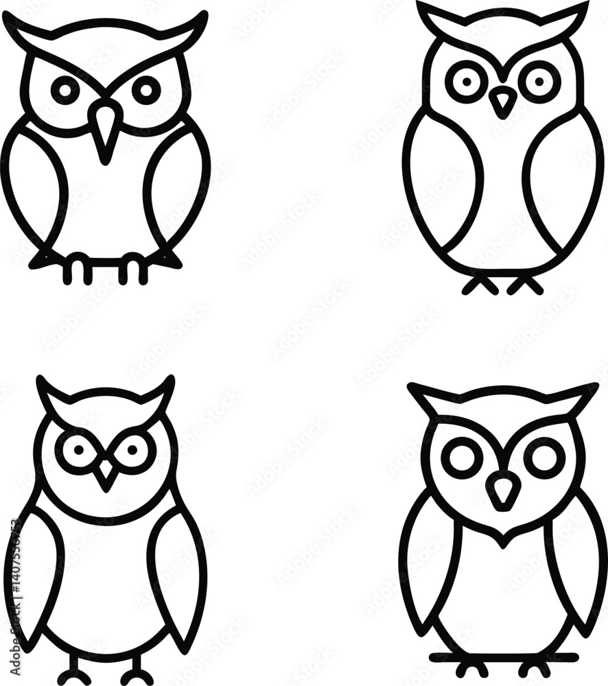 Obraz premium Four stylized line art owls, perfect for logos, icons, or educational materials.