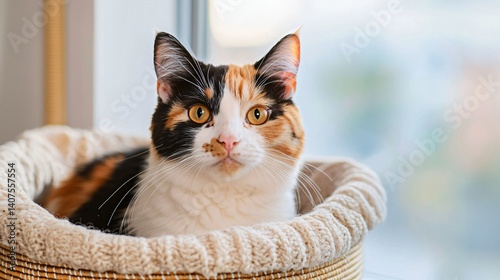 a calico cat sitting comfortably in a basket lined with a soft blanket