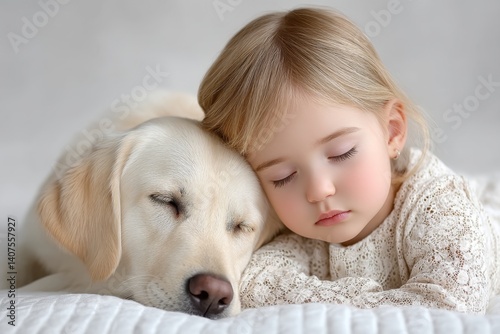 A dog and a baby napping together peacefully on a bed