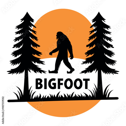Bigfoot Silhouette Walking Between Pine Trees Orange Circle T-Shirt.