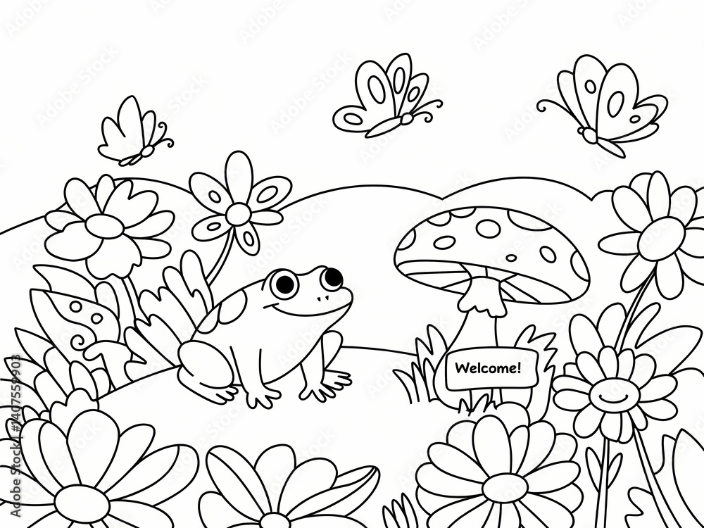 Obraz premium A delightful cartoon illustration of a friendly frog surrounded by vibrant flowers and butterflies, creating a welcoming garden scene.