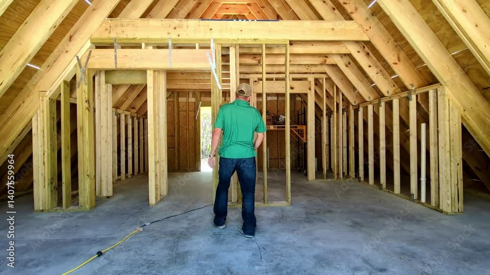 Back shot of a Man walking through rough framed house pointing to roof Back shot of a Man walking through rough framed house pointing to roof