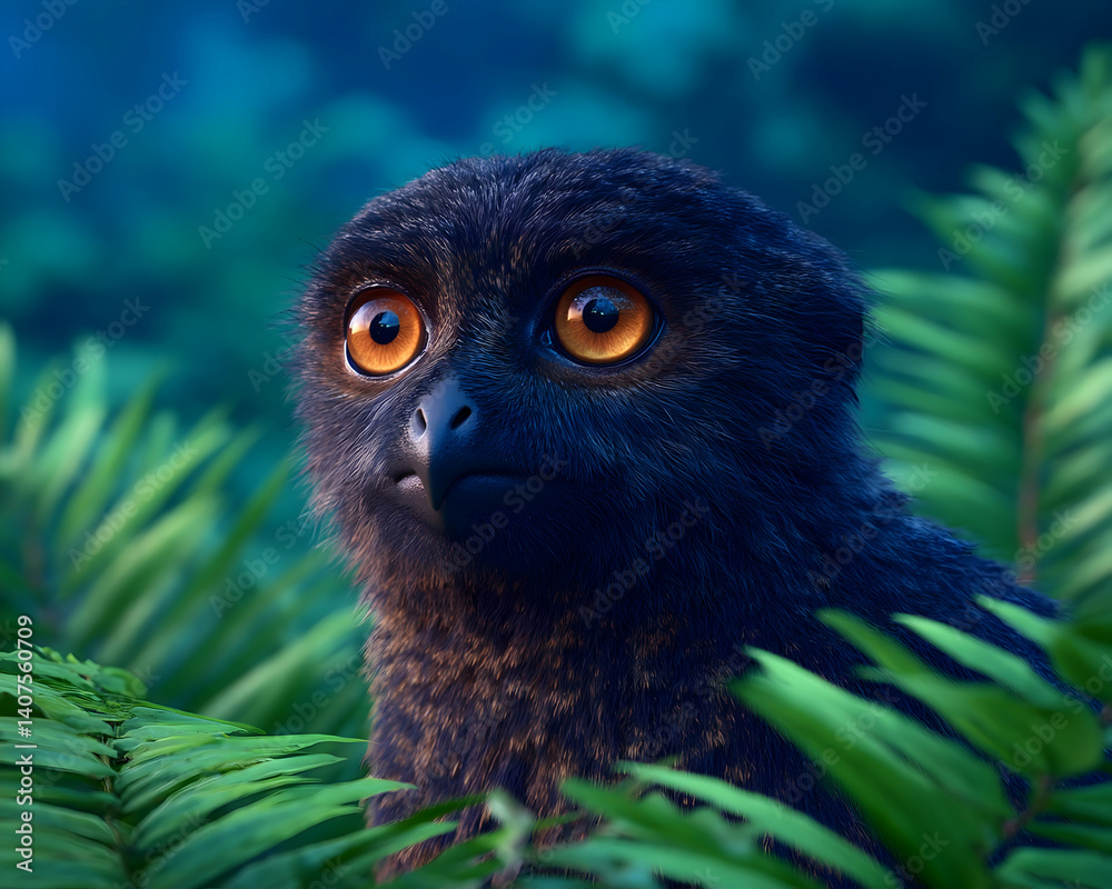A curious, dark-furred primate with luminous orange eyes peeks from lush, green foliage in a twilight setting A curious, dark-furred primate with luminous orange eyes peeks from lush, green foliage in a twilight setting
