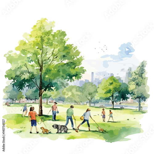 watercolor A group of people picking up litter