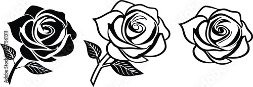 Set of three vector black silhouettes of rose flowers isolated on a white background 