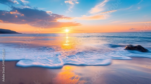 Vibrant sunset illuminates golden beach with gentle waves rolling onto shore, reflecting warm light on calm ocean surface