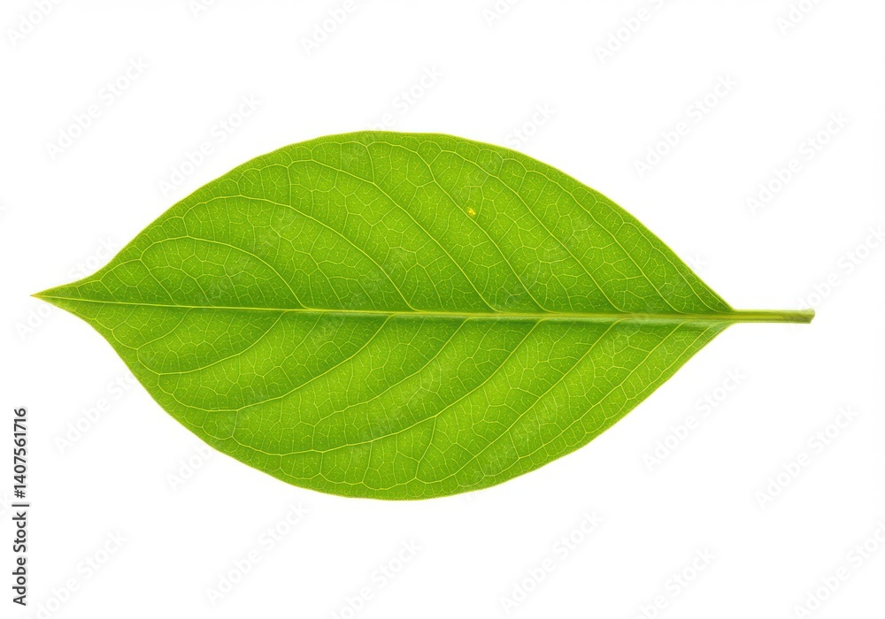 Obraz premium Isolated single green leaf with prominent veins against a clean white background in close up view