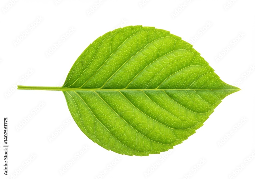 Fototapeta premium Close up of a single green leaf with prominent veins isolated on a white background in studio shot