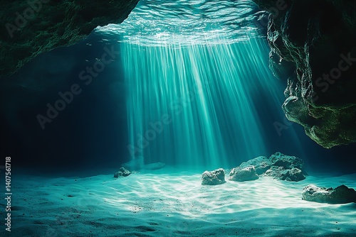 Obraz na płótnie Stunning underwater cave with mesmerizing light rays illuminating the ocean floor creating a tranquil atmosphere : Generative AI w salonie