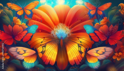 Mariposa en flor con cola de bragueta Cotorra en vuelo sobre el verano natural, Beladad vibrante y texturas suaves, Cpsula de energa emocionante.