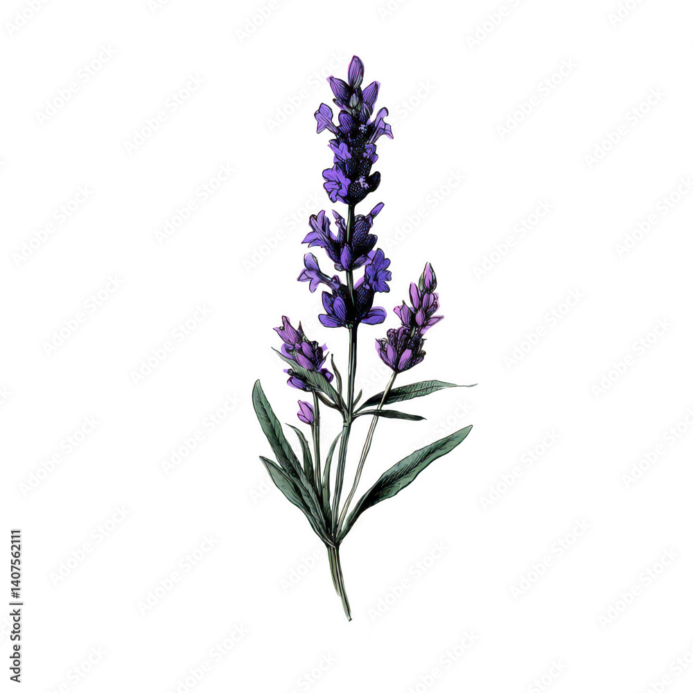 Obraz premium Elegant lavender sprig botanical illustration hand-drawn ink style nature art serene environment
