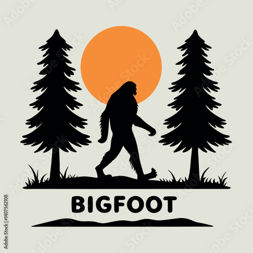 Bigfoot Silhouette Walking Between Pine Trees Orange Circle T-Shirt.