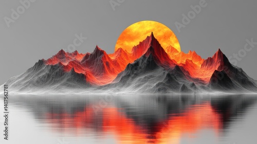 Abstract Geometric Landscape in Low Poly Style with Orange Peaks and Gray Tones