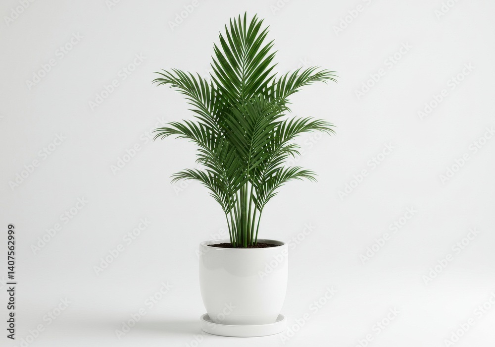 Fototapeta premium Isolated areca palm plant in a white pot against a white background in a studio setting showing detail