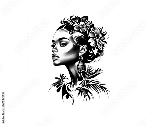Stylish Woman with Floral Hairstyle, Chic and Elegant, Black and White